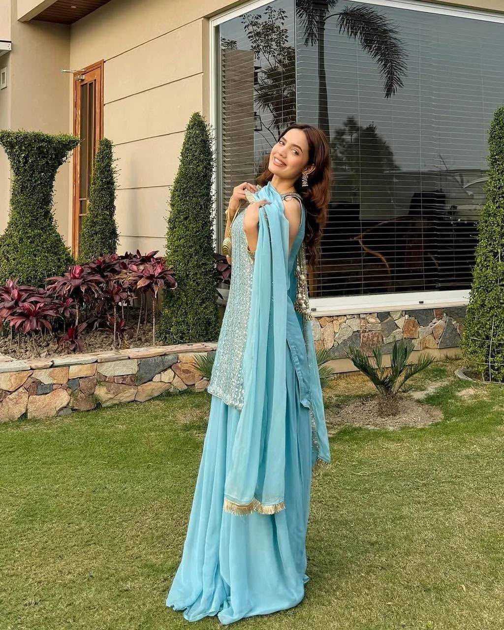 Faux Georgette Embroidery Suit in Sky