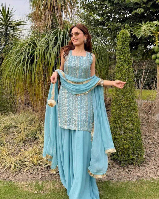 Faux Georgette Embroidery Suit in Sky