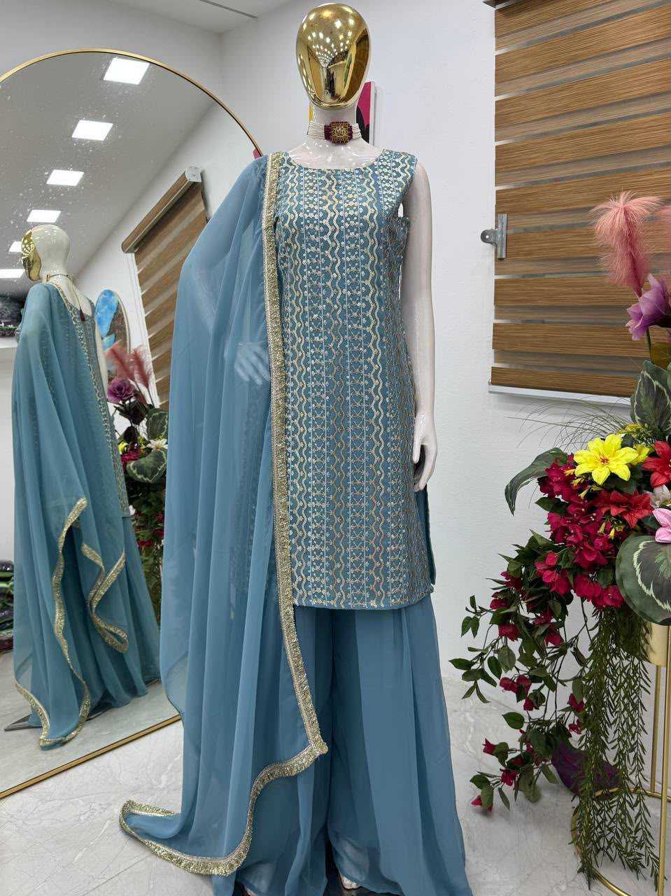 Faux Georgette Embroidery Suit in Sky