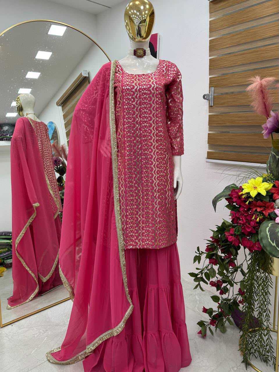 Faux Georgette Embroidery Suit in Sky