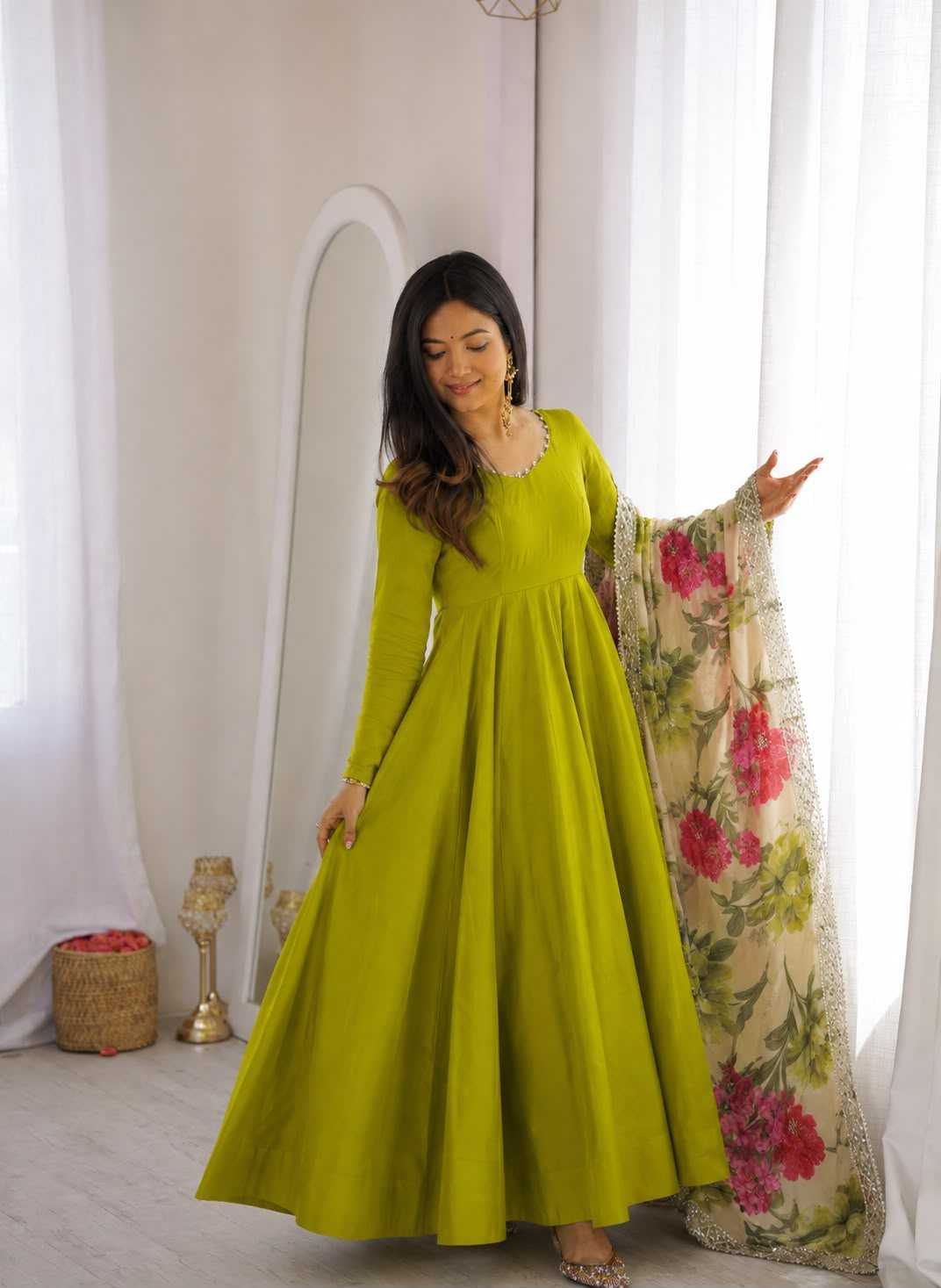 Heavy Roman Silk Party Gown in Pista