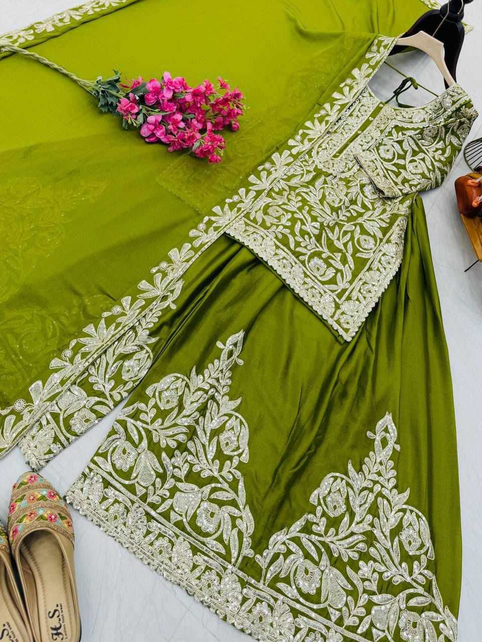 Chinon Silk Sharara Salwar Suit in Pink