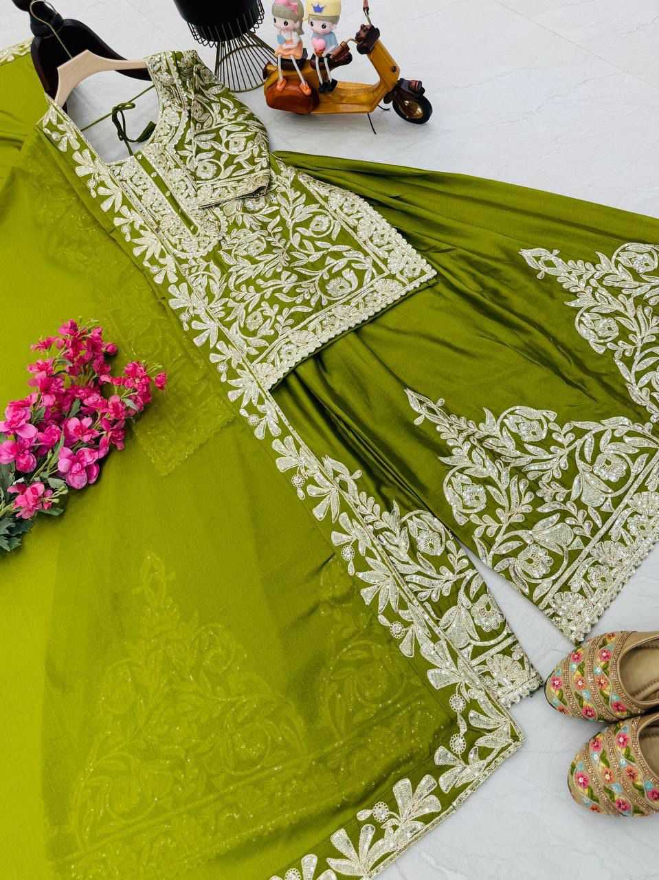 Chinon Silk Sharara Salwar Suit in Pink