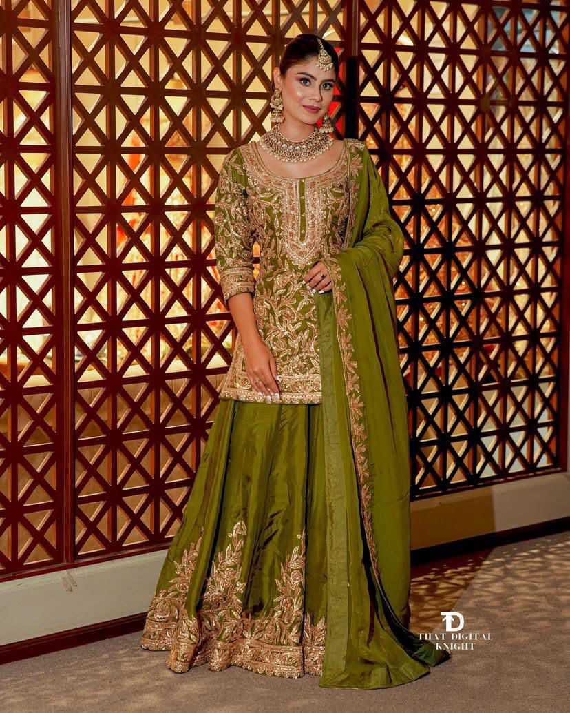 Chinon Silk Sharara Salwar Suit in Pink