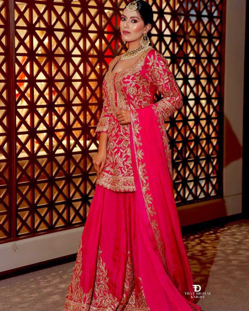 Chinon Silk Sharara Salwar Suit in Pink
