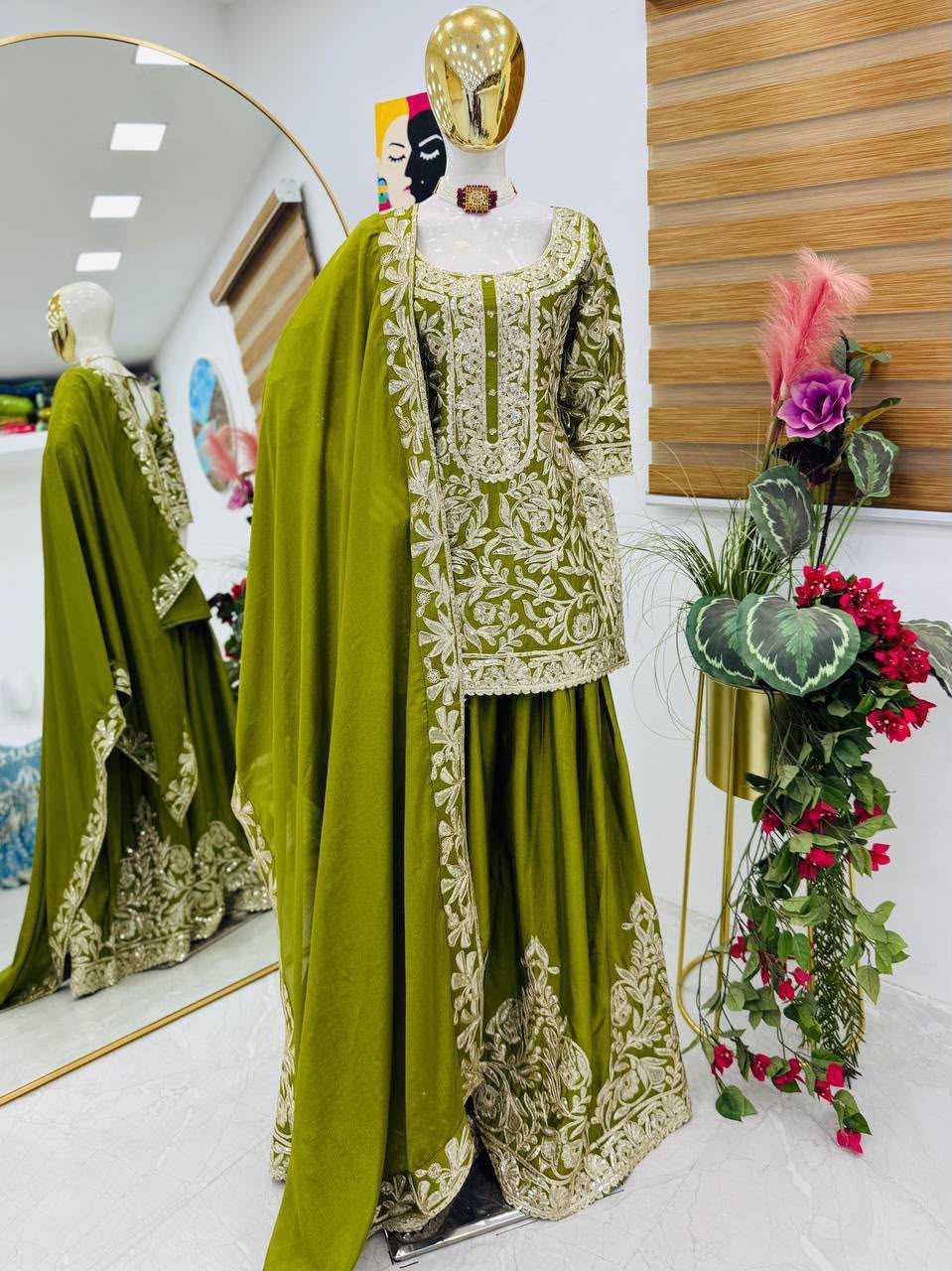 Chinon Silk Sharara Salwar Suit in Green