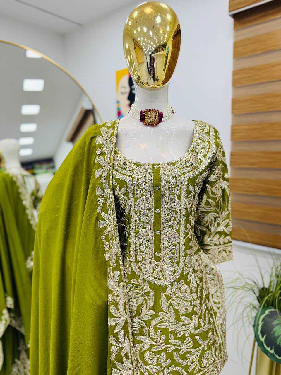Chinon Silk Sharara Salwar Suit in Green