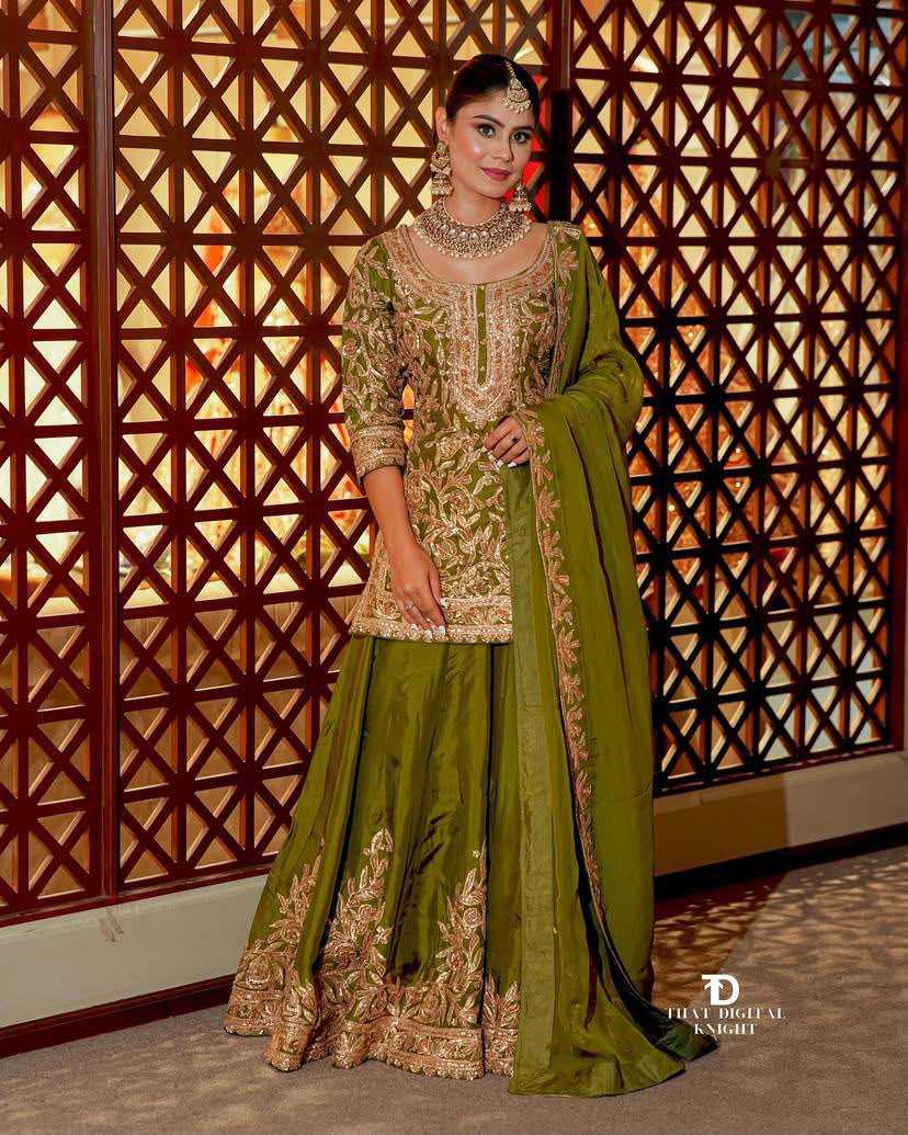 Chinon Silk Sharara Salwar Suit in Green