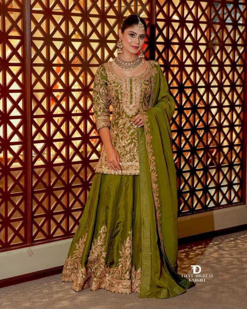 Chinon Silk Sharara Salwar Suit in Green
