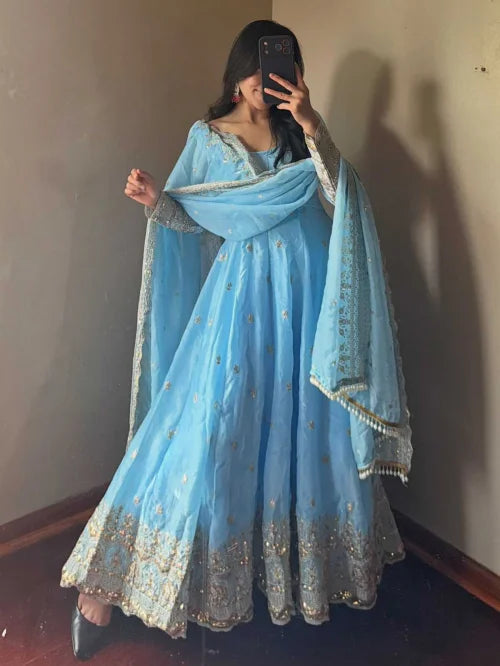 Fendy Embroidery Gown in Sky Blue