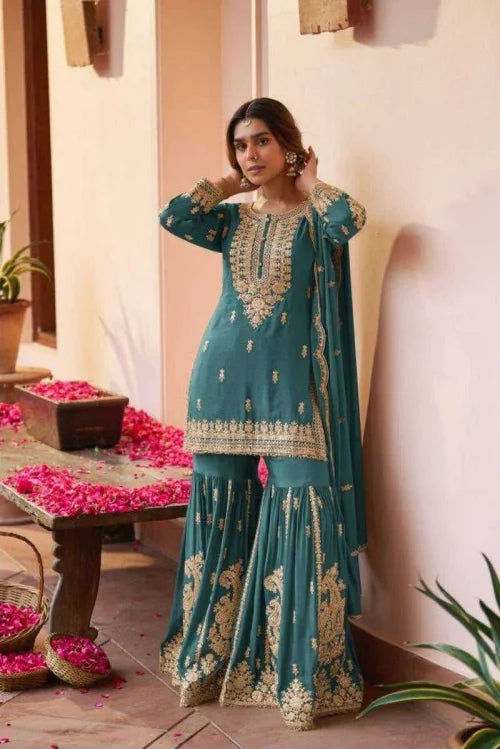 Faux Georgette Sharara Salwar Suit in Sky Blue