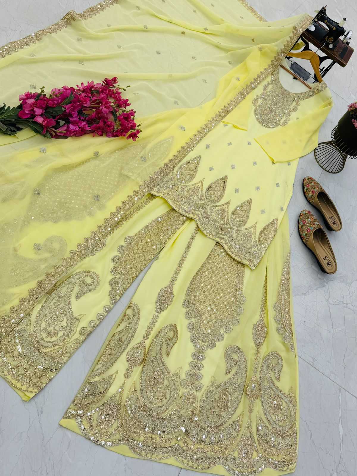 Faux Georgette Sharara Salwar Suit in Pink