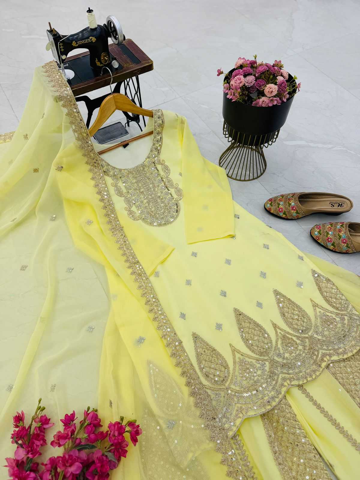 Faux Georgette Sharara Salwar Suit in Pink