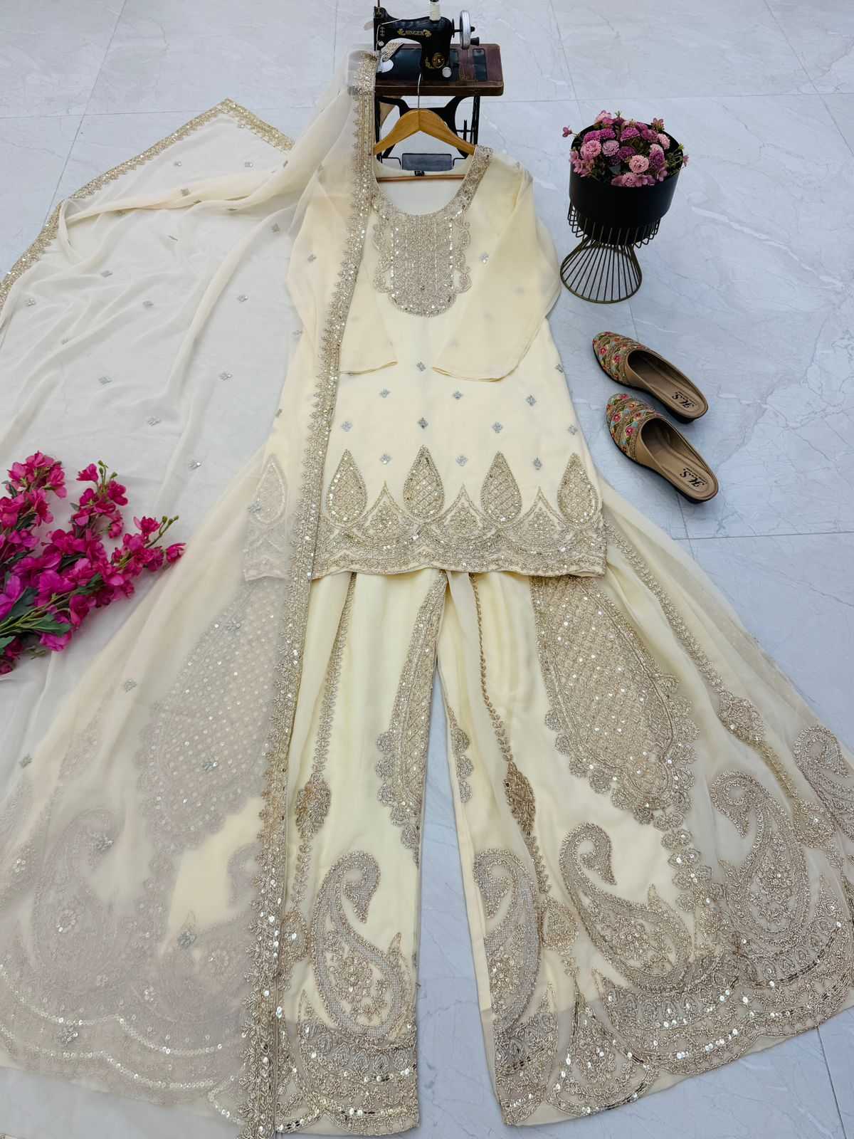 Faux Georgette Sharara Salwar Suit in Pink