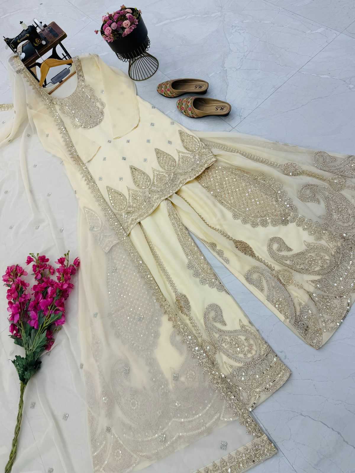 Faux Georgette Sharara Salwar Suit in Pink