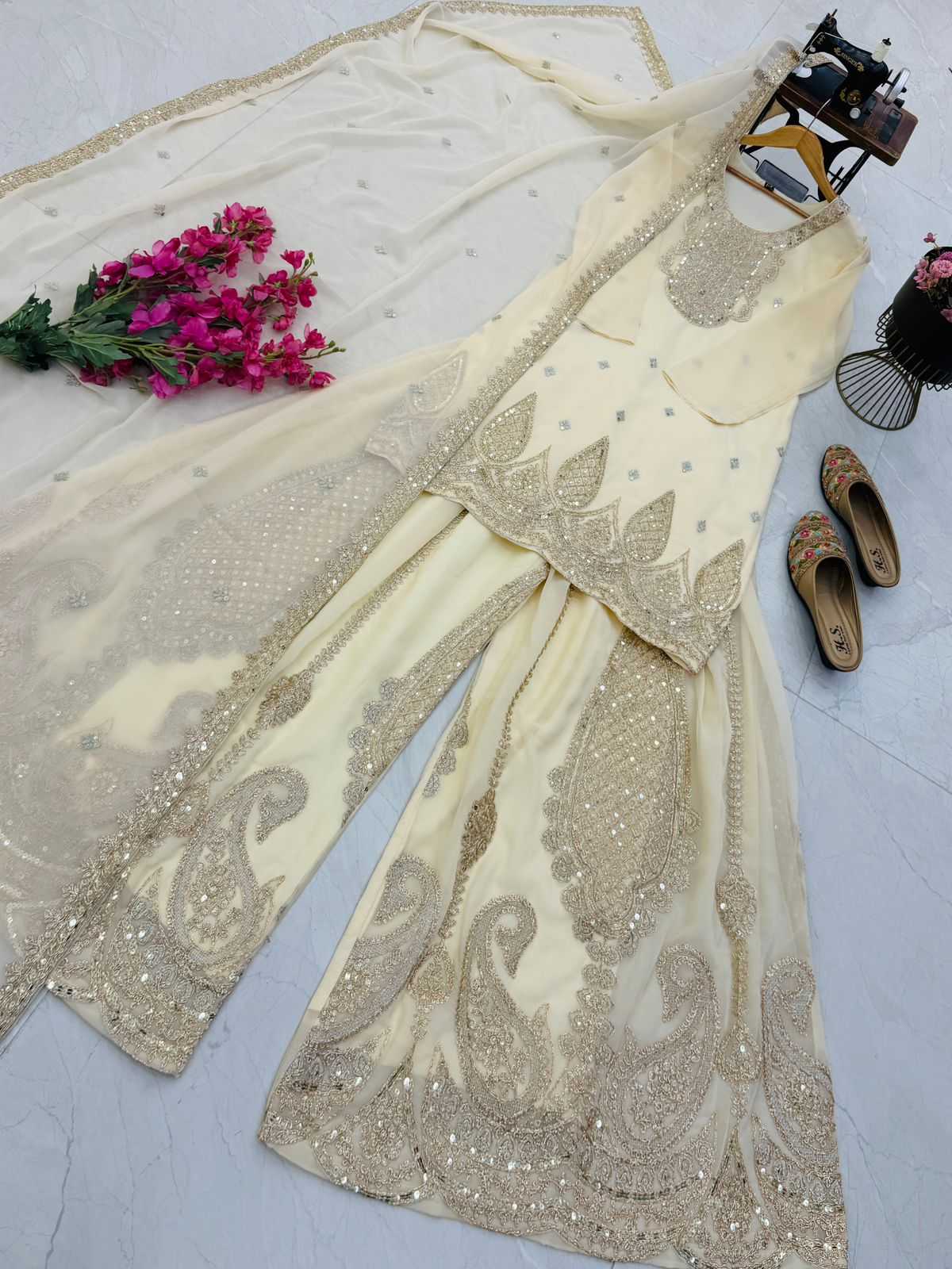 Faux Georgette Sharara Salwar Suit in Pink