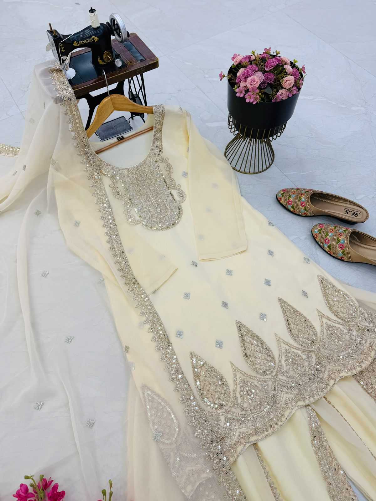 Faux Georgette Sharara Salwar Suit in Pink