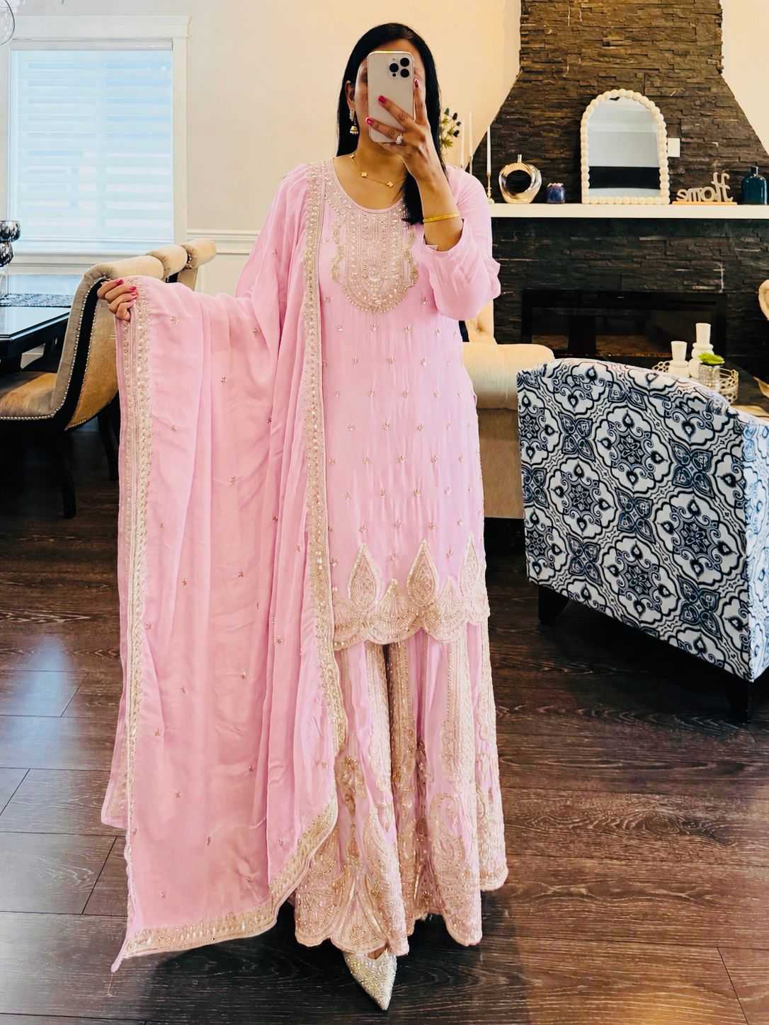 Faux Georgette Sharara Salwar Suit in Pink