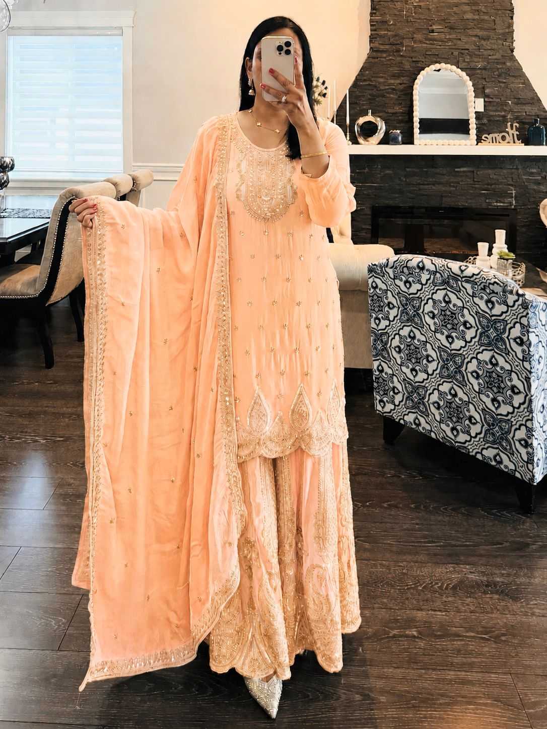Faux Georgette Sharara Salwar Suit in Pink