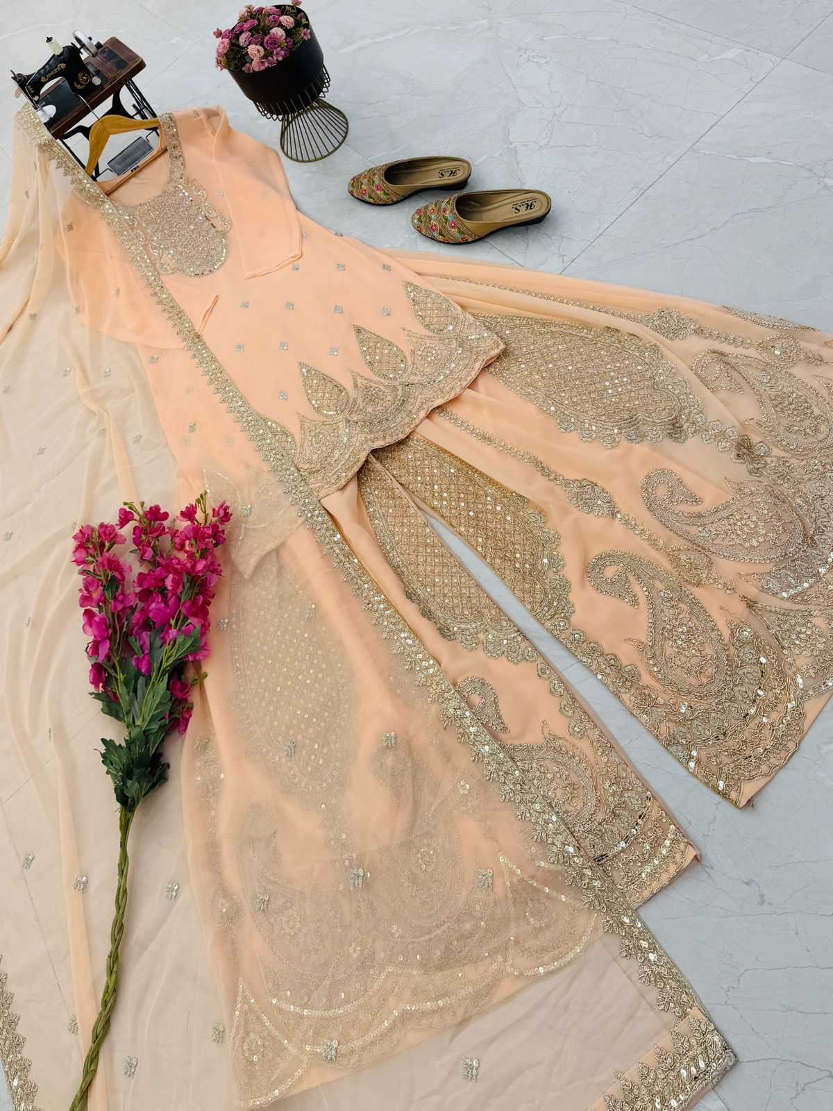 Faux Georgette Sharara Salwar Suit in Pink