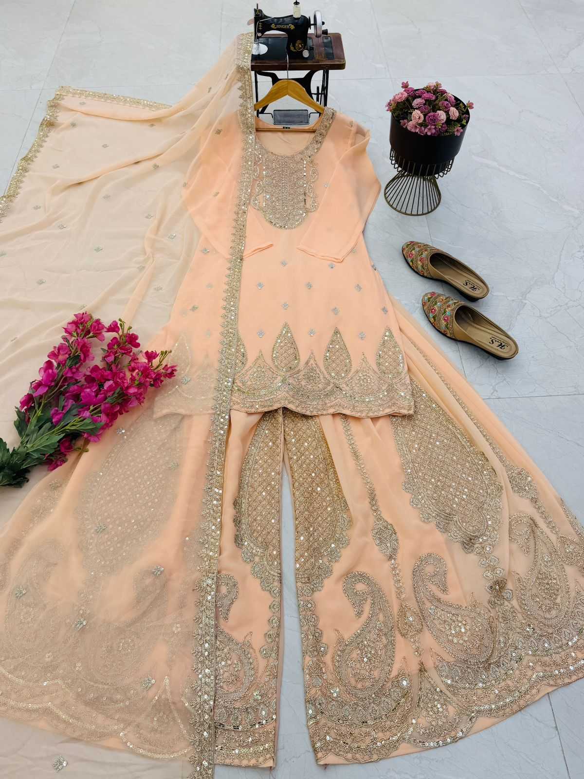 Faux Georgette Sharara Salwar Suit in Pink