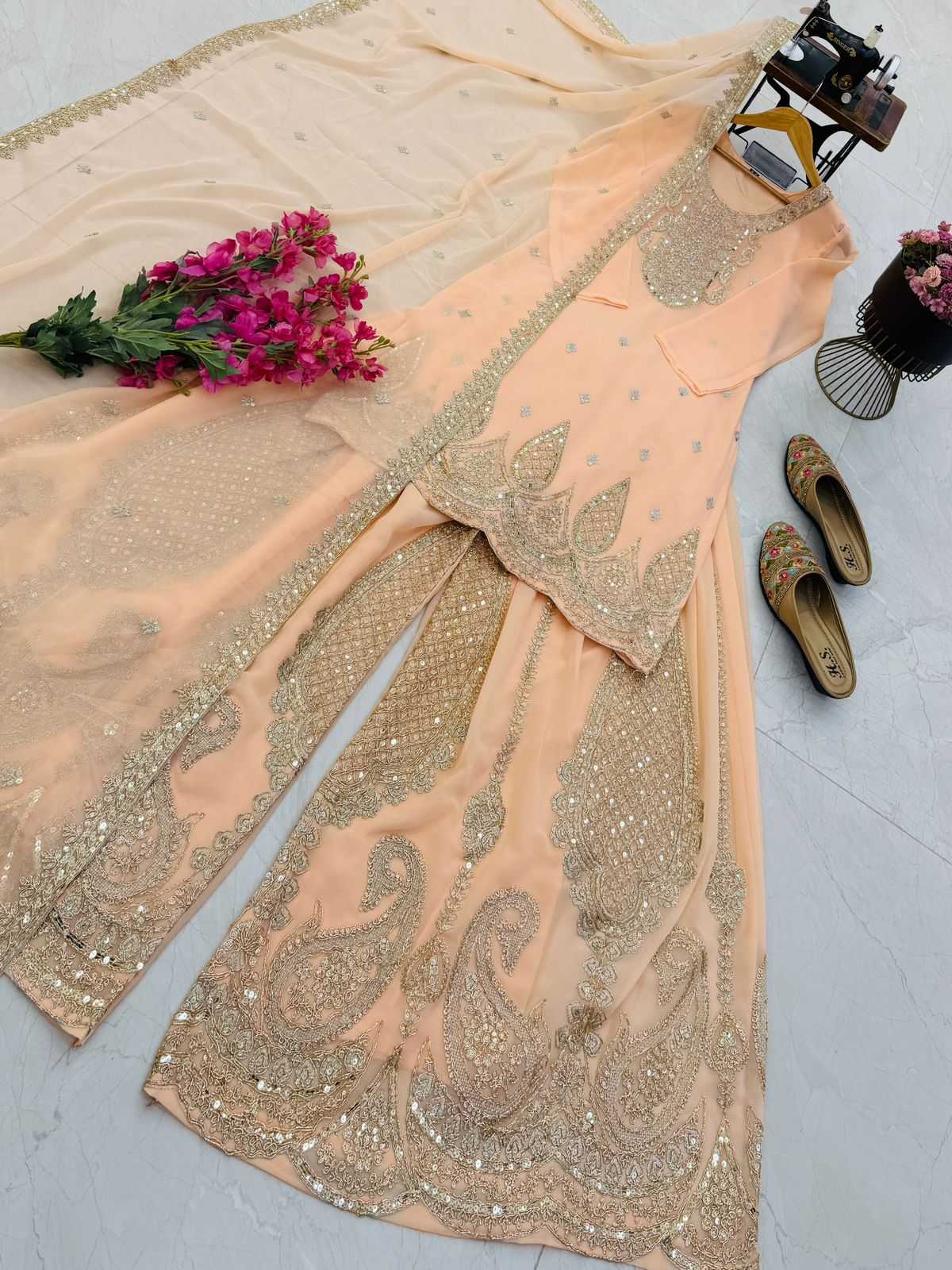 Faux Georgette Sharara Salwar Suit in Pink