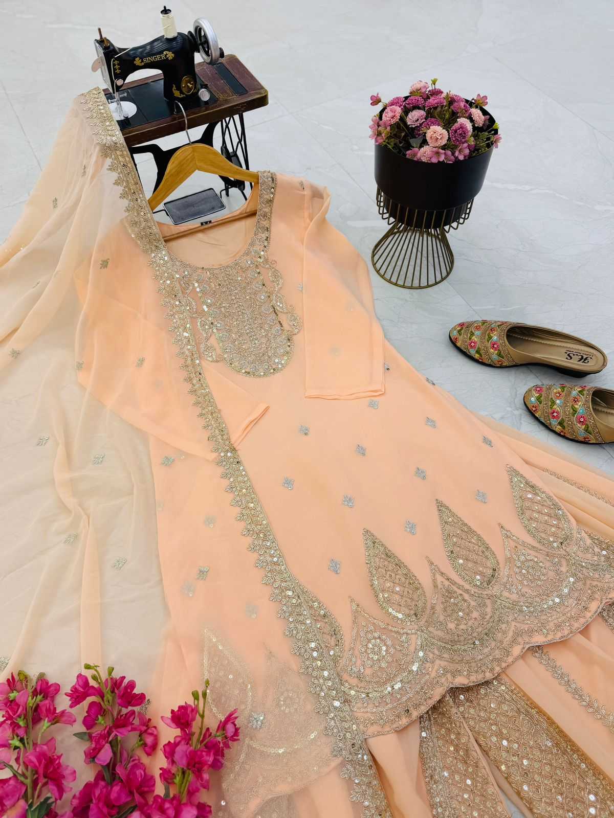 Faux Georgette Sharara Salwar Suit in Pink