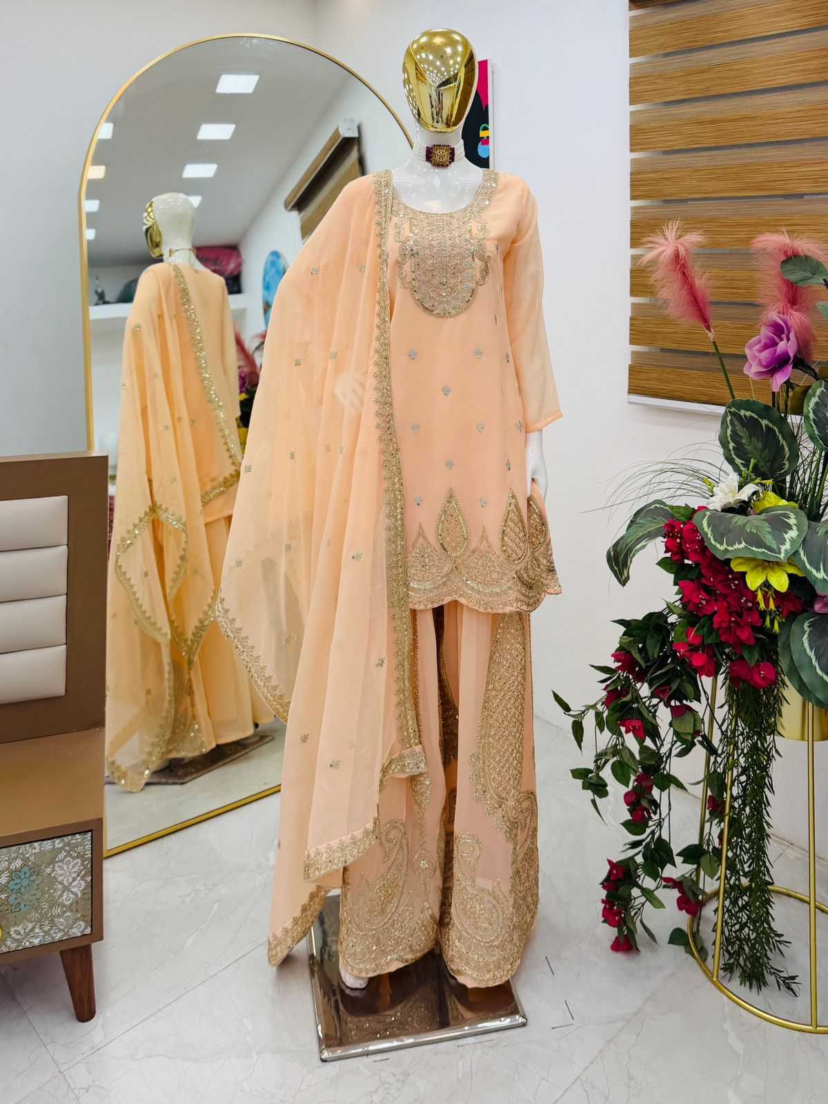 Faux Georgette Sharara Salwar Suit in Pink