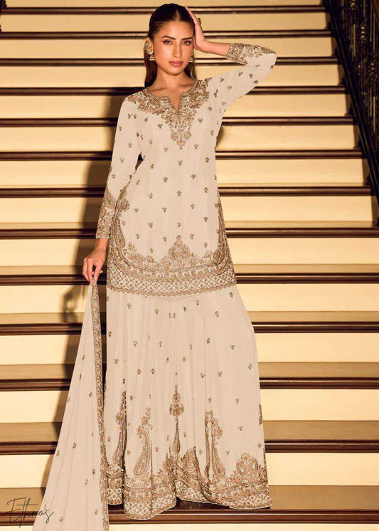 Chinon Silk Sharara Salwar Suit in White