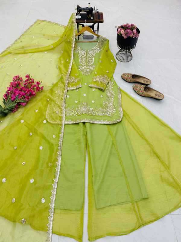 Crush Silk Sharara Salwar Suit in Blue