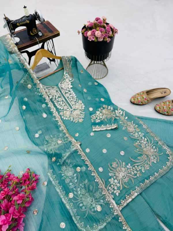 Crush Silk Sharara Salwar Suit in Blue