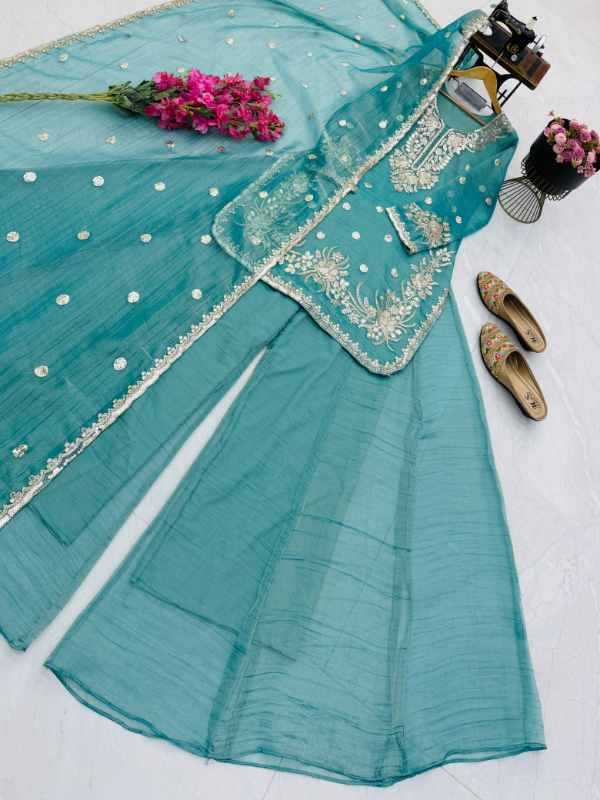 Crush Silk Sharara Salwar Suit in Blue