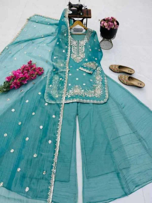 Crush Silk Sharara Salwar Suit in Blue