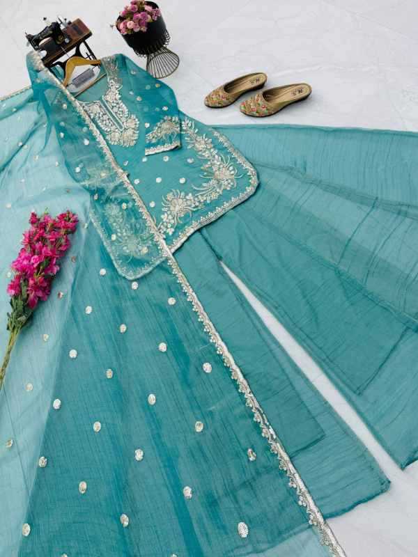 Crush Silk Sharara Salwar Suit in Blue
