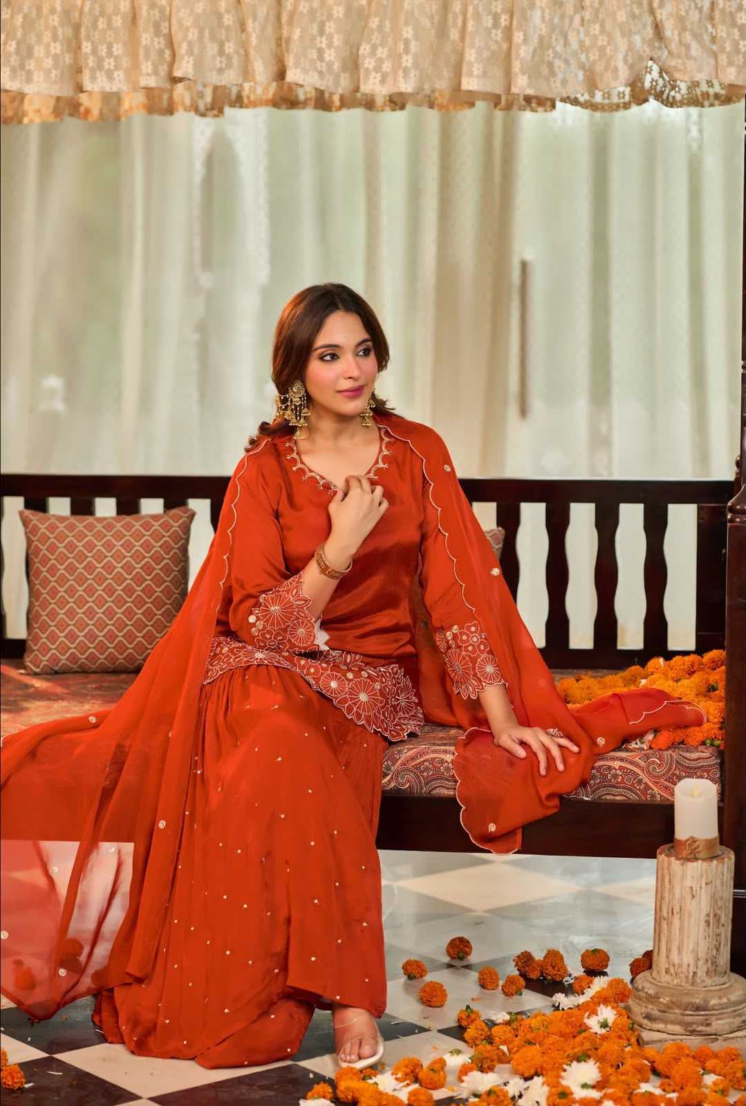 Chinon Silk Sharara Salwar Suit in Bottle Green