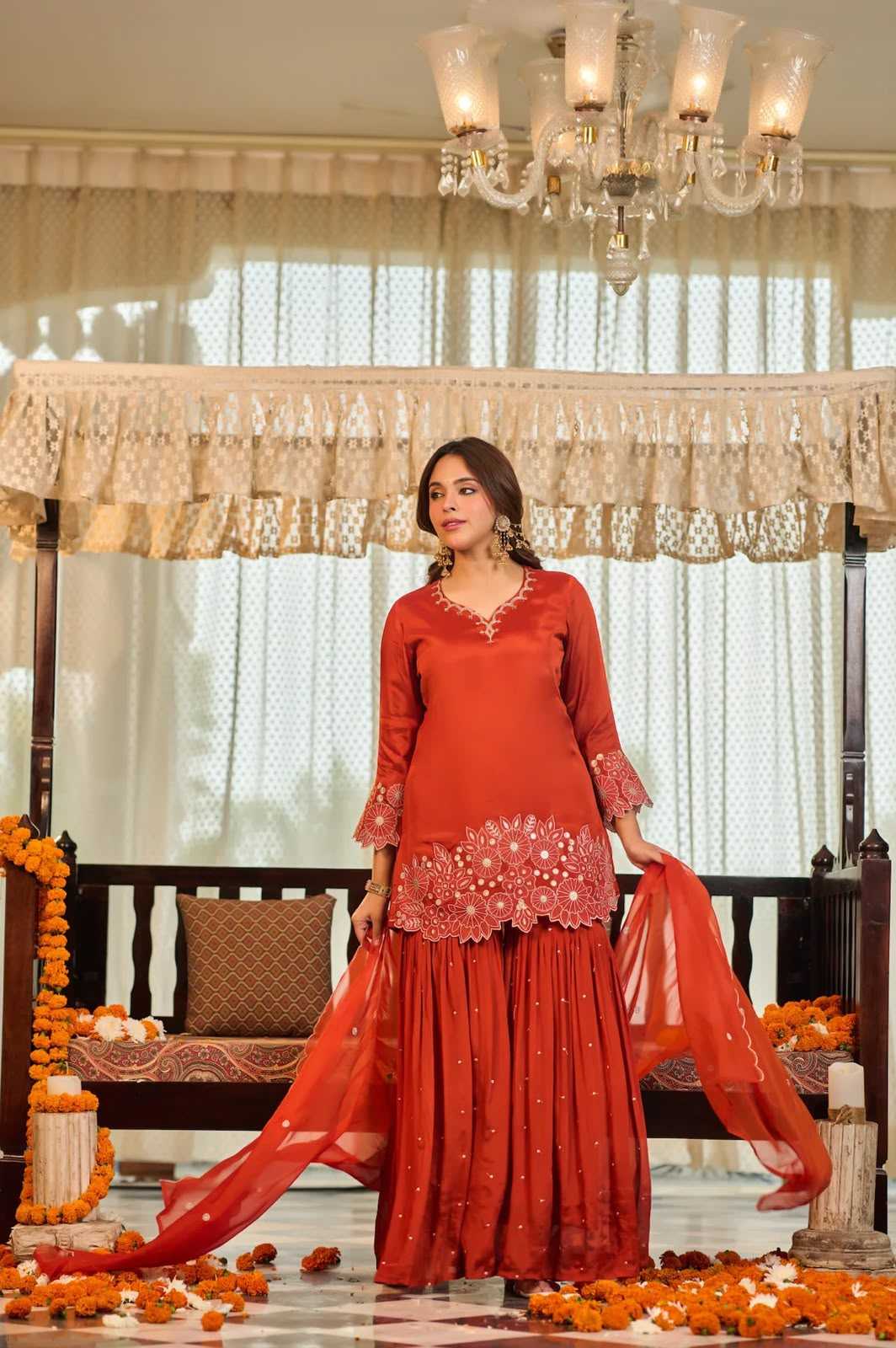 Chinon Silk Sharara Salwar Suit in Bottle Green