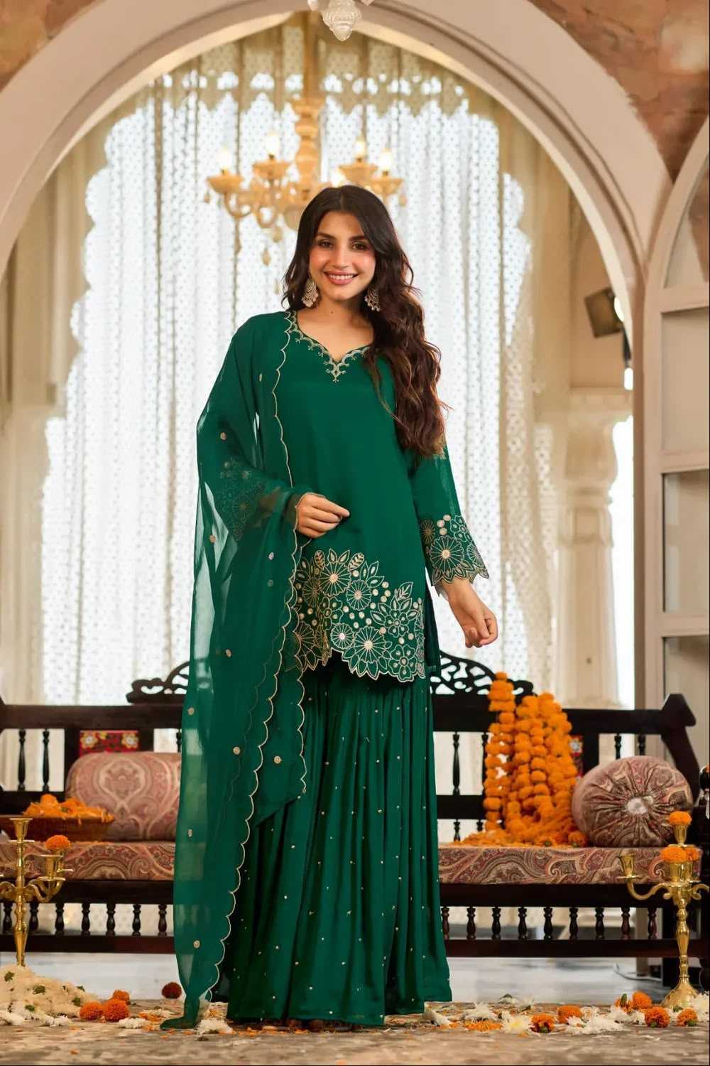 Chinon Silk Sharara Salwar Suit in Bottle Green