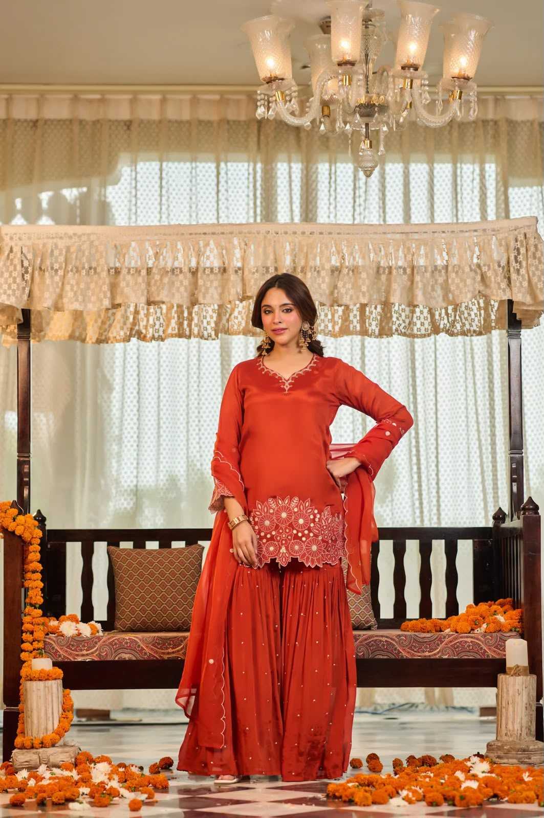 Chinon Silk Sharara Salwar Suit in Bottle Green