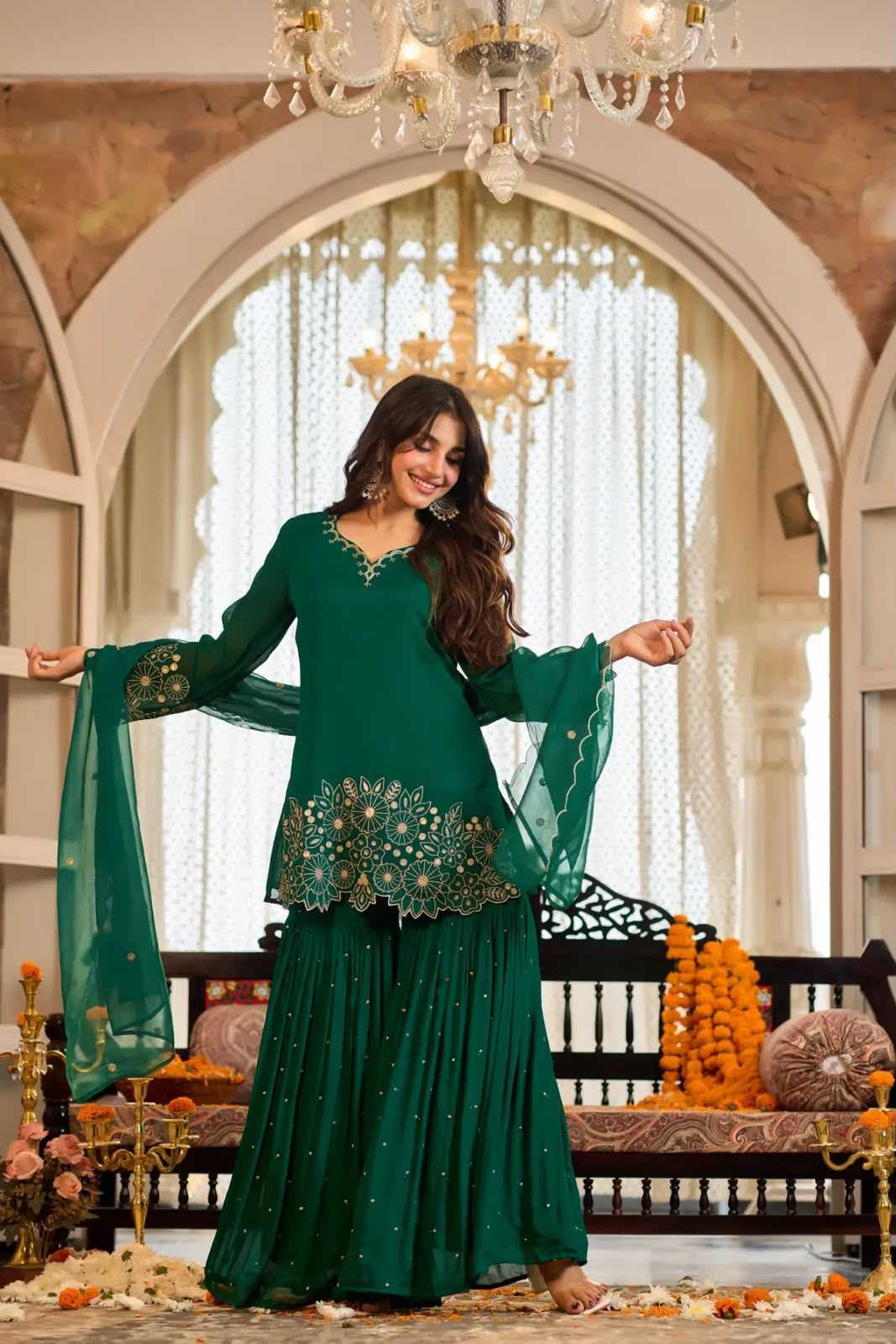 Chinon Silk Sharara Salwar Suit in Bottle Green