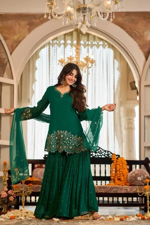 Chinon Silk Sharara Salwar Suit in Bottle Green