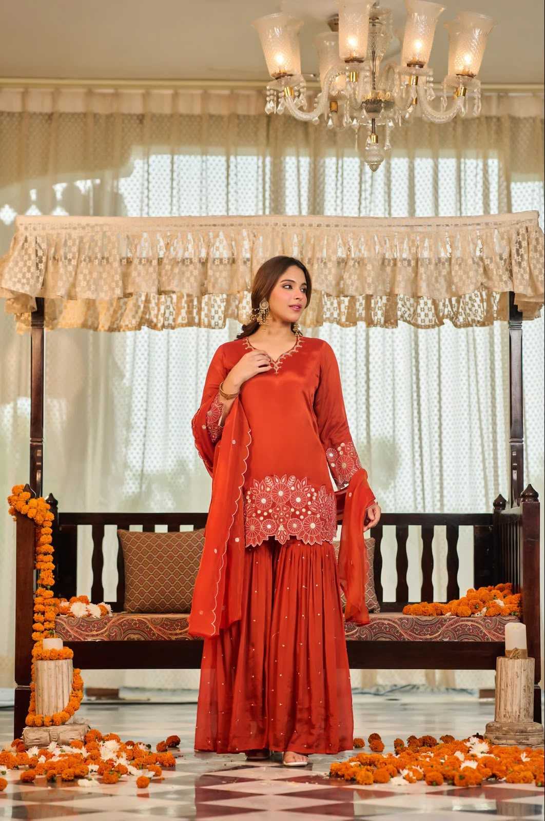 Chinon Silk Sharara Salwar Suit in Bottle Green