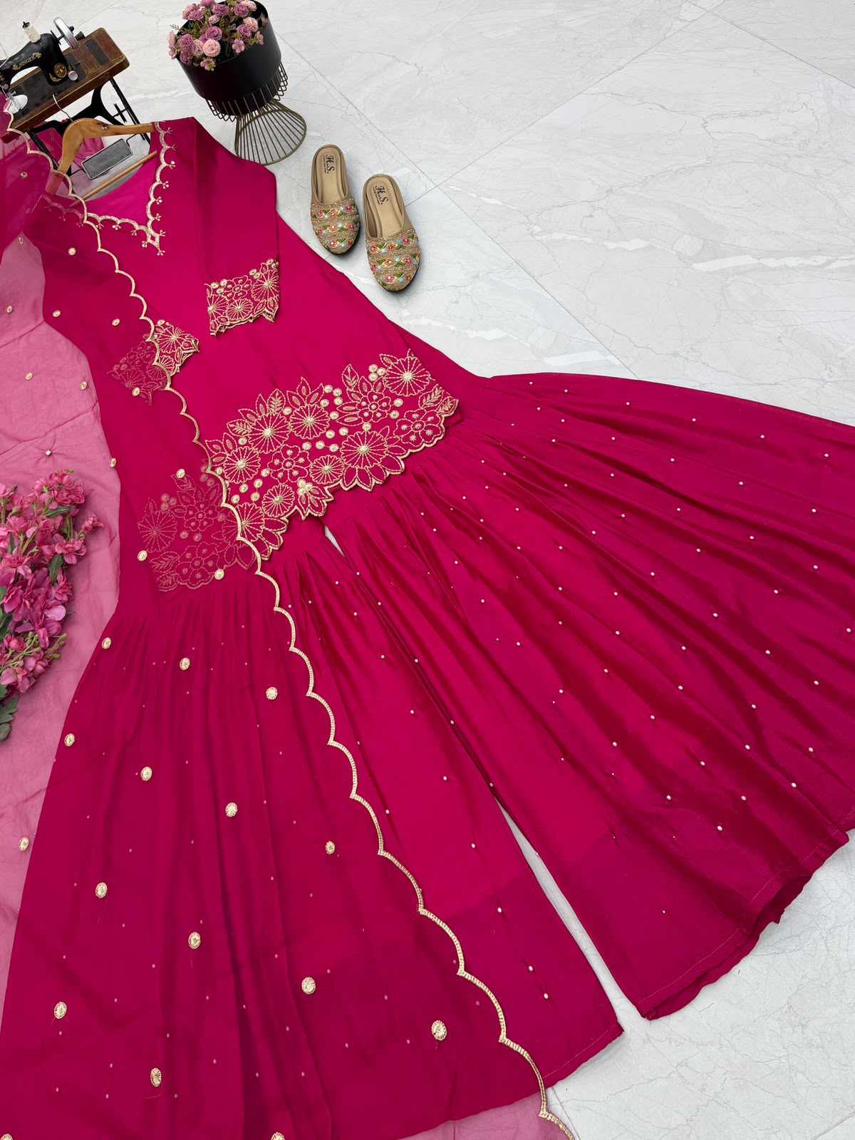 Chinon Silk Sharara Salwar Suit in Bottle Green
