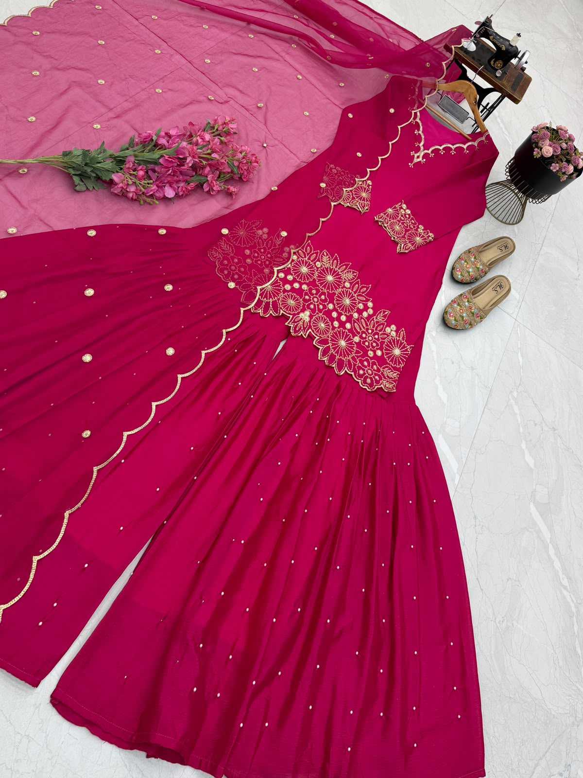 Chinon Silk Sharara Salwar Suit in Bottle Green