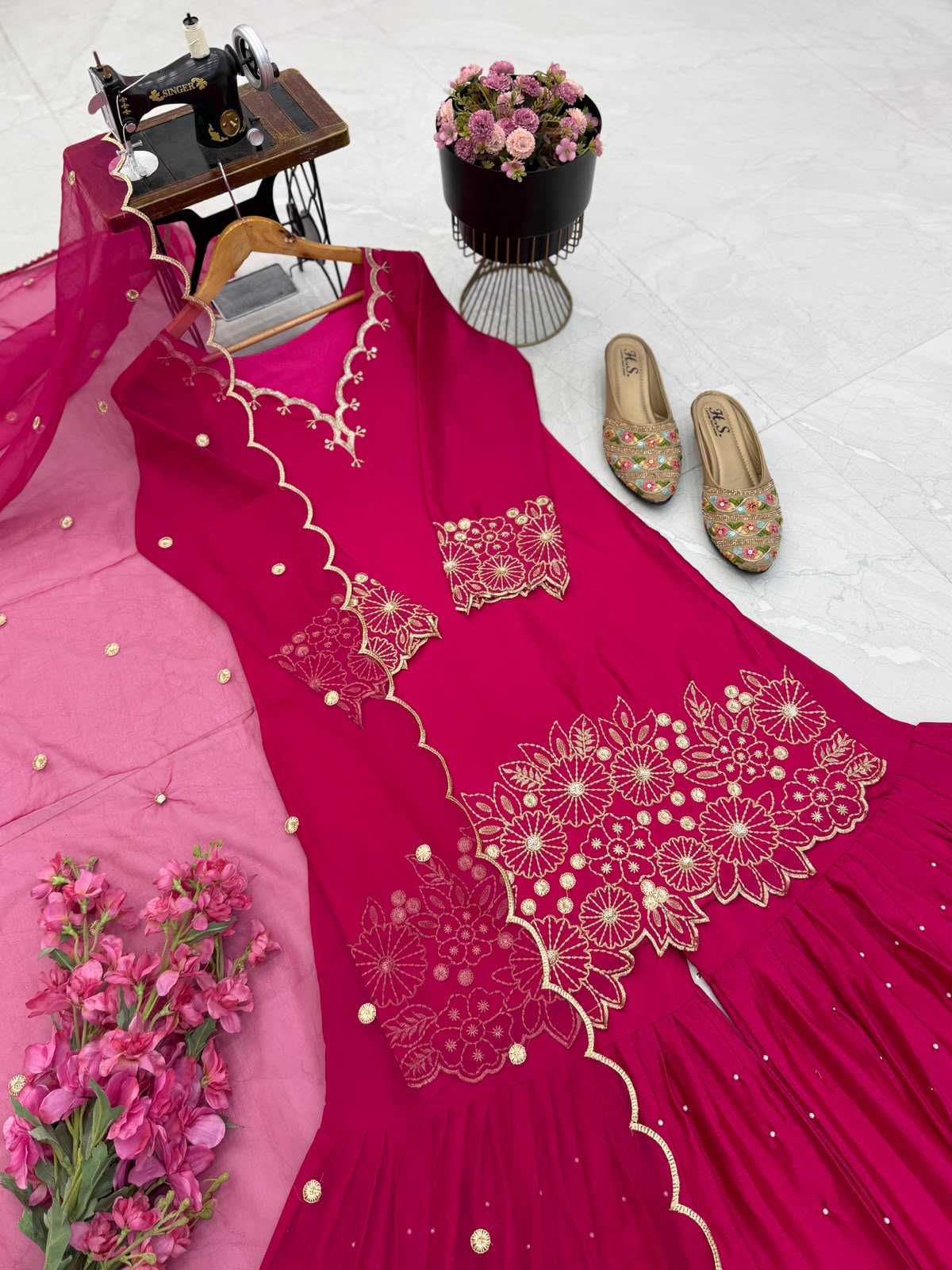 Chinon Silk Sharara Salwar Suit in Bottle Green