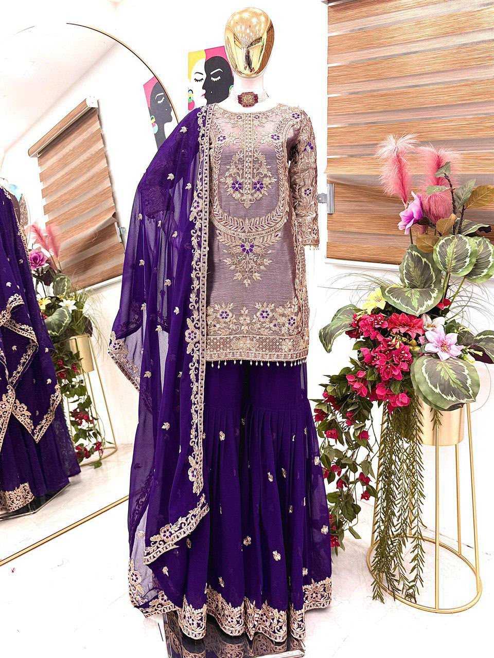 Crunchi Embroidery Suit in Purple