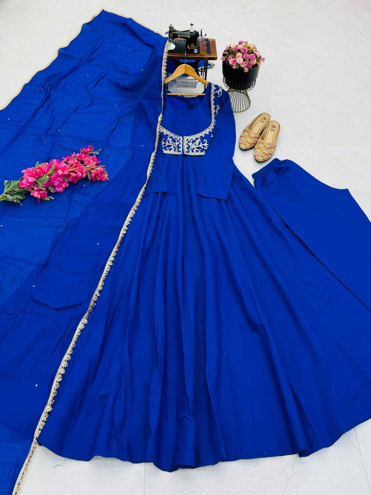 Blueberry Heavy Roman Silk Embroidery Gown