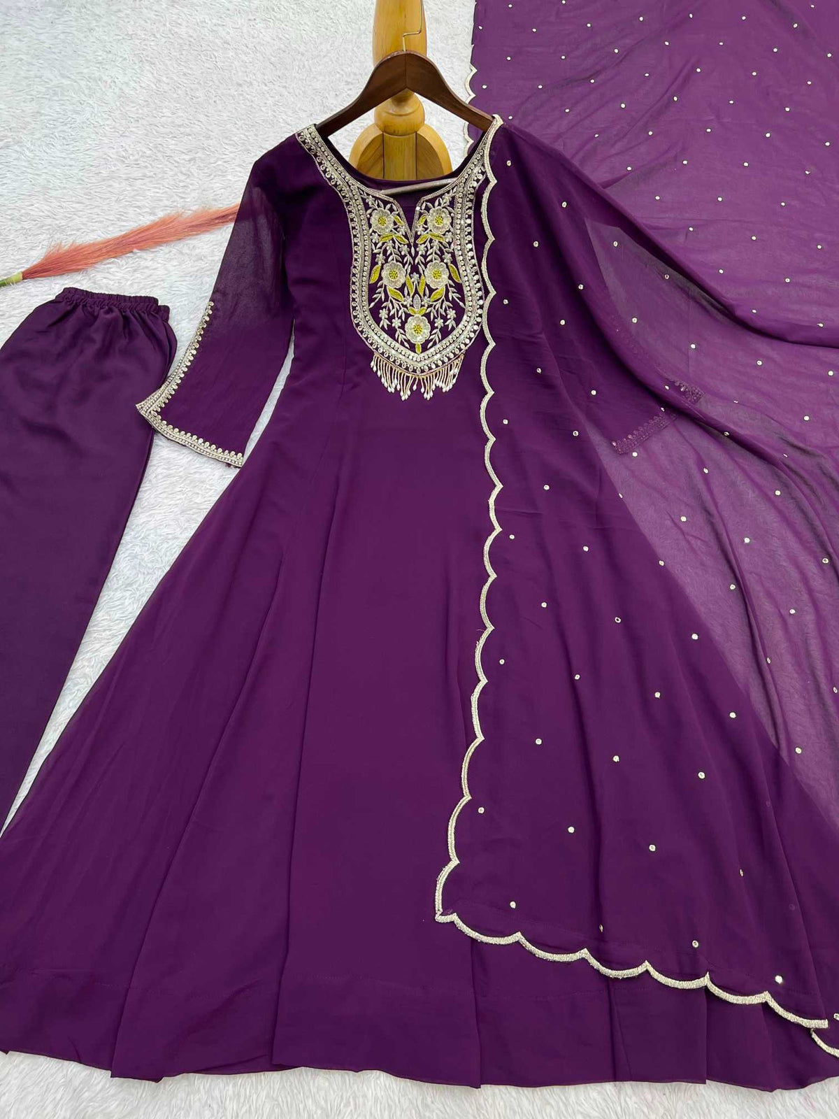 Faux Georgette Embroidery Gown in Dark Wine