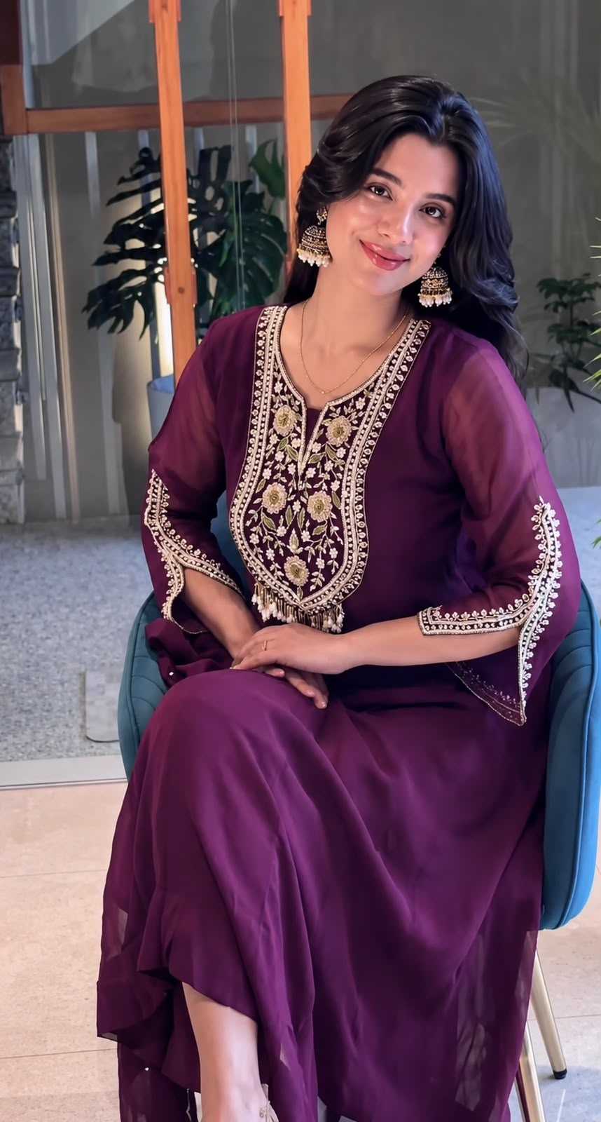 Faux Georgette Embroidery Gown in Dark Wine