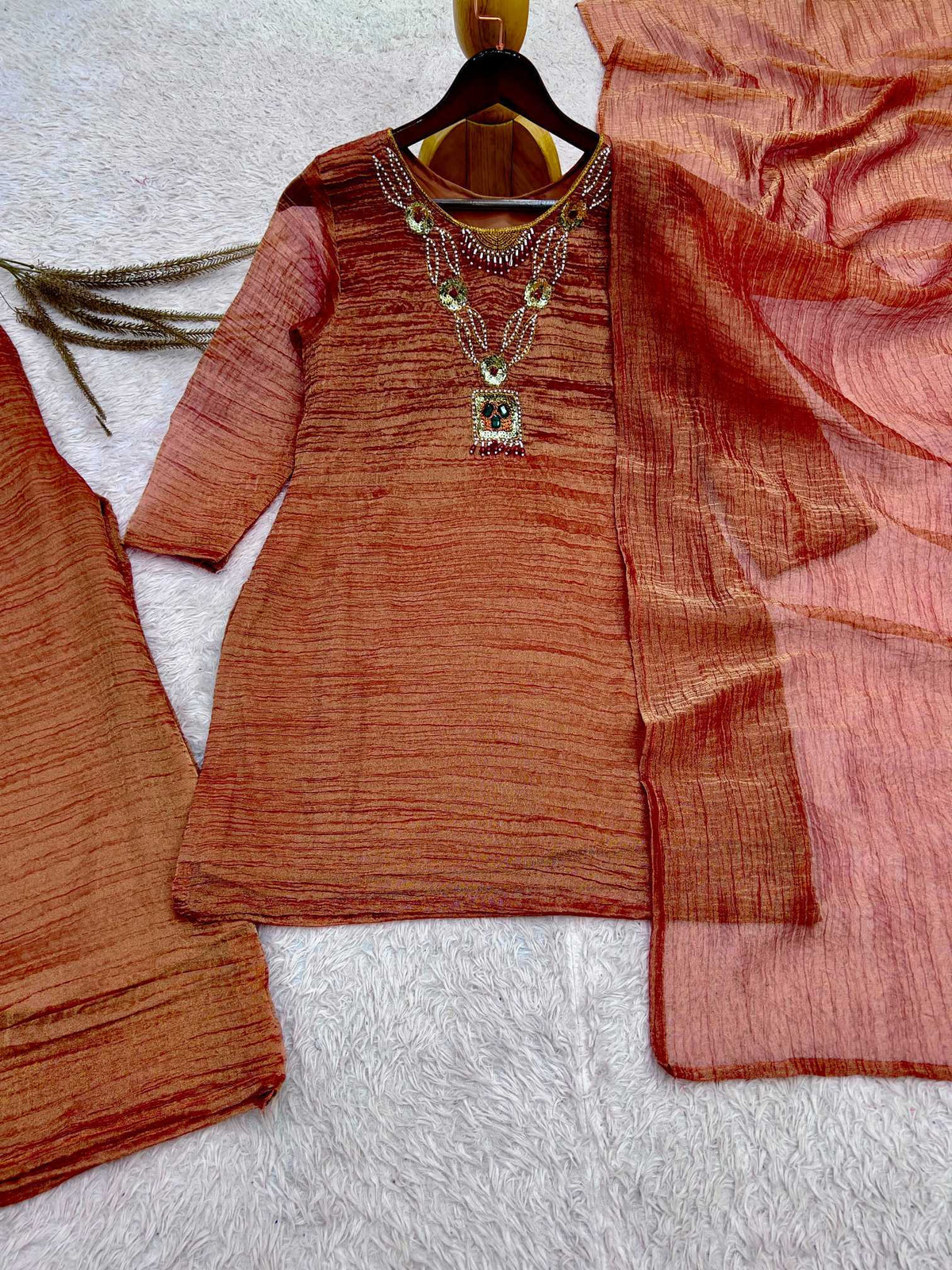 Crush Silk Embroidery Suit in Orange