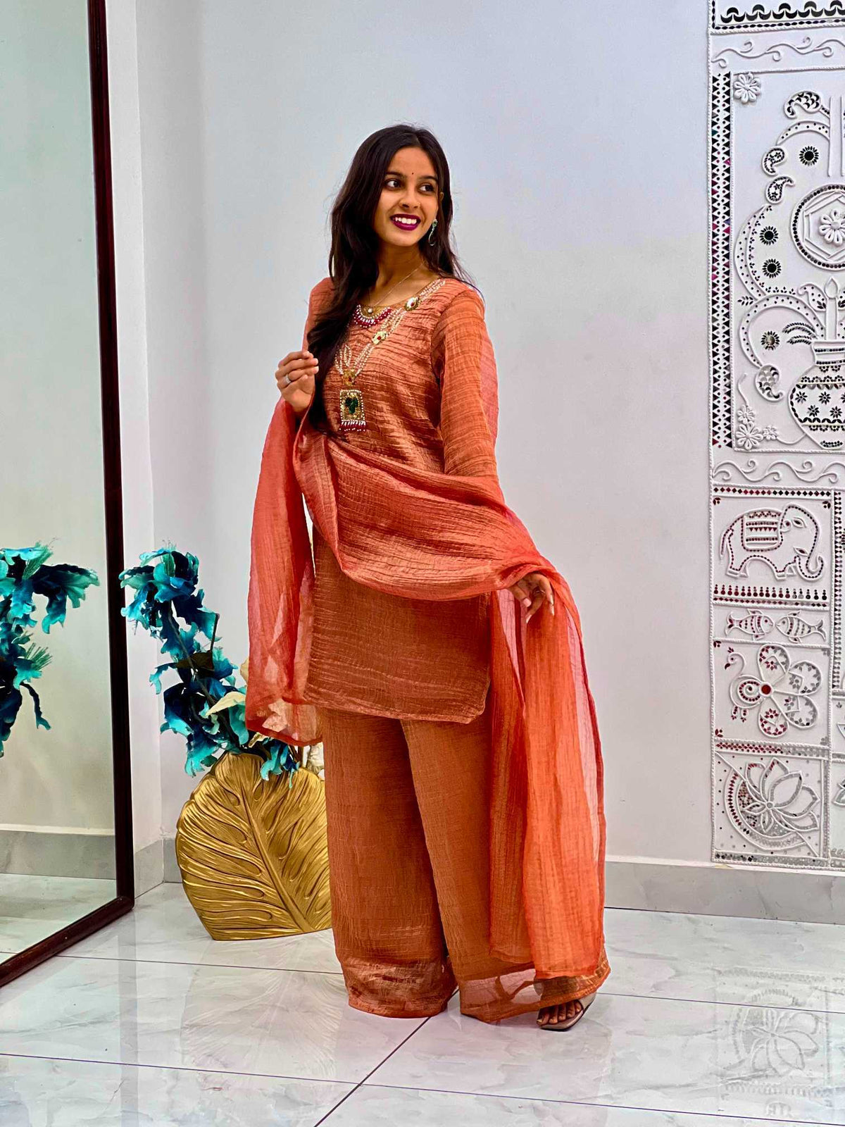 Crush Silk Embroidery Suit in Orange